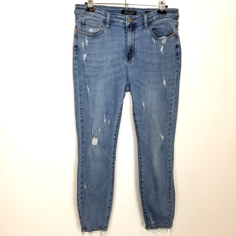 Judy Blue Women Distressed Skinny Jeans Sz 31 Blue Denim Raw Hem Mid Rise